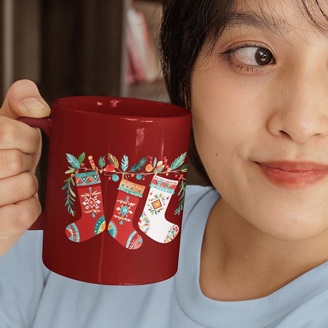 Taza De Café Moderna Feliz Navidad Boho Stockings Coffee Mug (Subido por el creador)