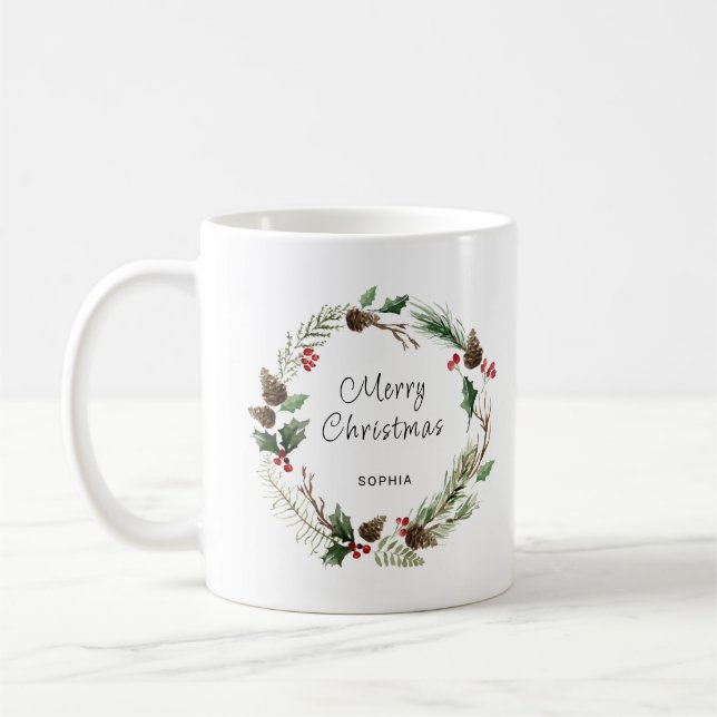 Taza De Café Moderna floración y Feliz Navidad personalizada (Izquierda)