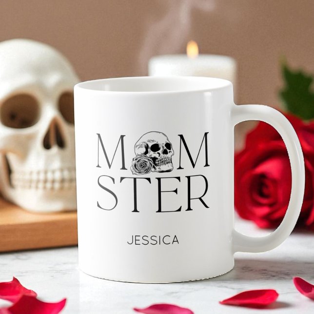 Taza De Café Moderna mamá de Halloween, con miedo a los negros  (Modern Black Skull Scary Momster Halloween Mom Coffee Mug)