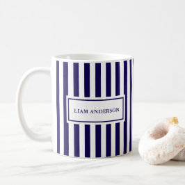 Taza De Café Moderna marina personalizada y con rayas verticale