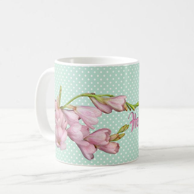 Taza De Café Modernas flores de cerezo Mint Green Hola Hermoso! (Anverso izquierdo)