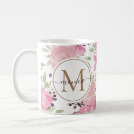 Taza De Café Moderno acuarela Floral Gold Monograma Nombre