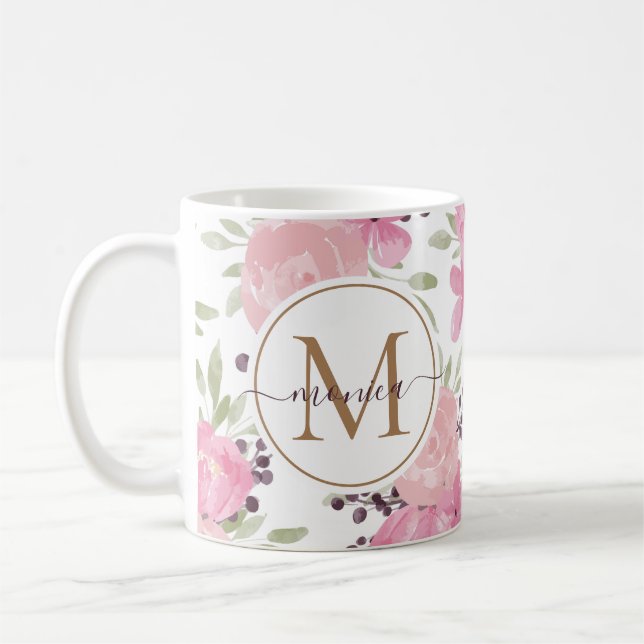 Taza De Café Moderno acuarela Floral Gold Monograma Nombre (Izquierda)