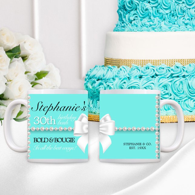 Taza De Café Moderno Aqua Tiffany Negrita y cumpleaños Bougie (Teal Aqua Tiffany Theme Birthday Gift for Her Bold & Bougie 30th Birthday Mug with Pearls and Bow)