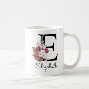 Taza De Café Moderno Boho Rosa Floral Inicial E