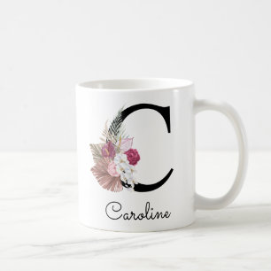 Taza De Café Moderno Boho Rosa Girly Floral Inicial C