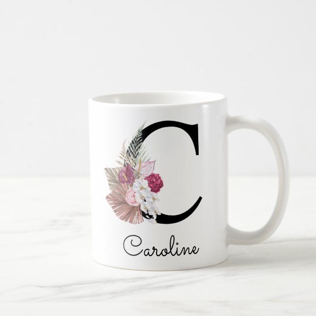 Taza De Café Moderno Boho Rosa Girly Floral Inicial C (Derecha)
