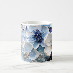 Taza De Café Moderno Botánico Floral Azul Blanco Elegante