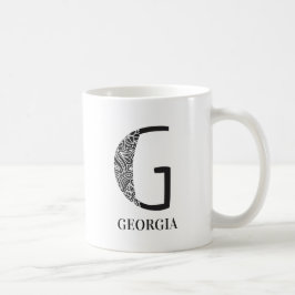 Taza De Café Moderno Floral Negro y Blanco Inicial G y Nombre