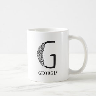 Taza De Café Moderno Floral Negro y Blanco Inicial G y Nombre
