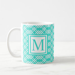 Taza De Café Moderno Lattice Geo Monograma Turquesa y Blanco