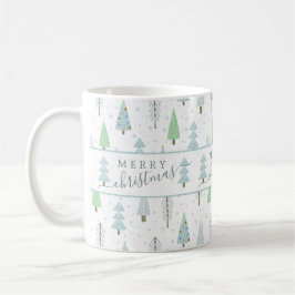 Taza De Café Moderno Merry Christmas Forest Trees Blue Green