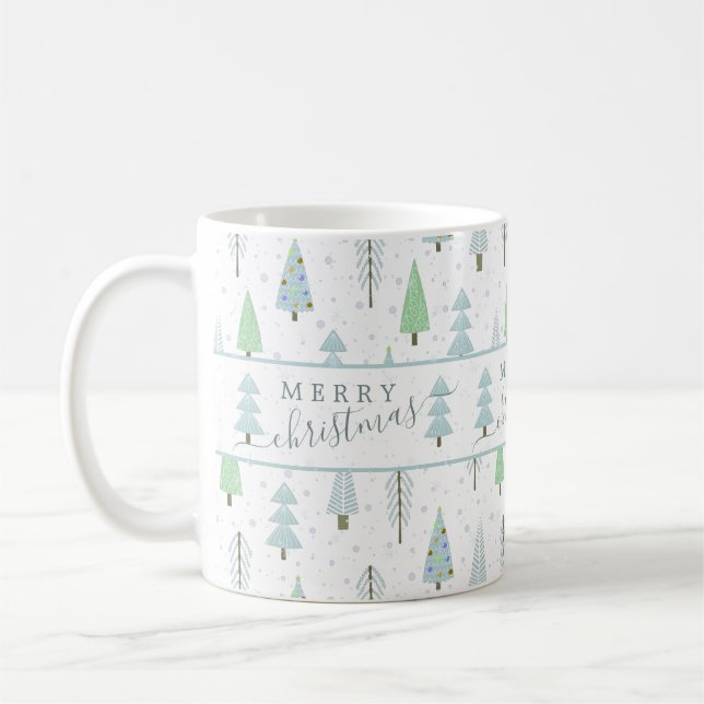 Taza De Café Moderno Merry Christmas Forest Trees Blue Green (Izquierda)