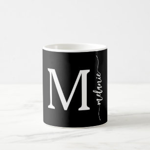 Taza De Café Moderno Monograma Mano Leída Mug Blanco Negro