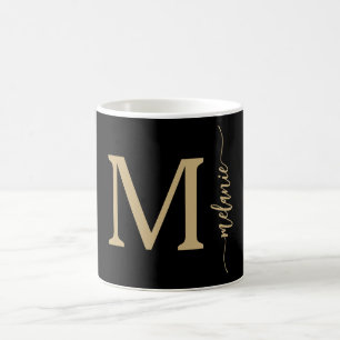 Taza De Café Moderno Monograma Mano Leída Negro Oro Mug