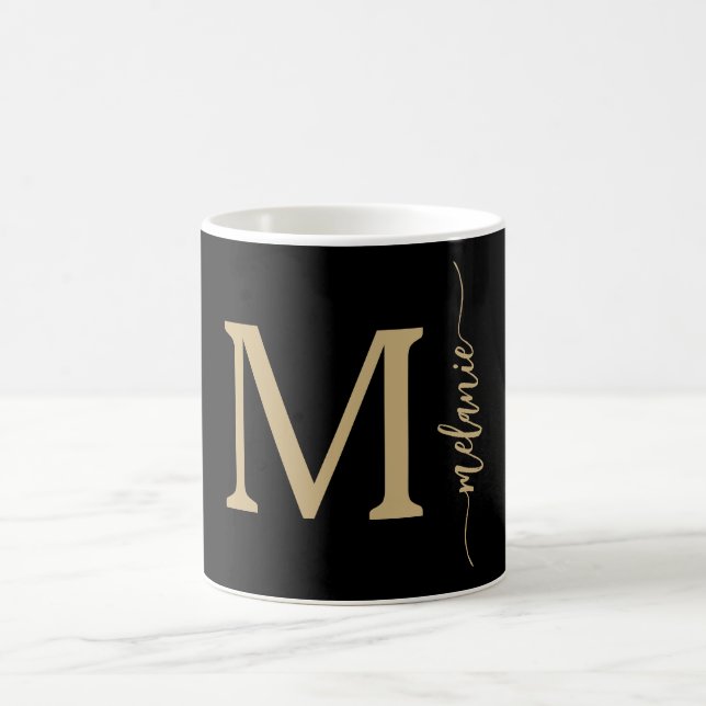 Taza De Café Moderno Monograma Mano Leída Negro Oro Mug (Centro)