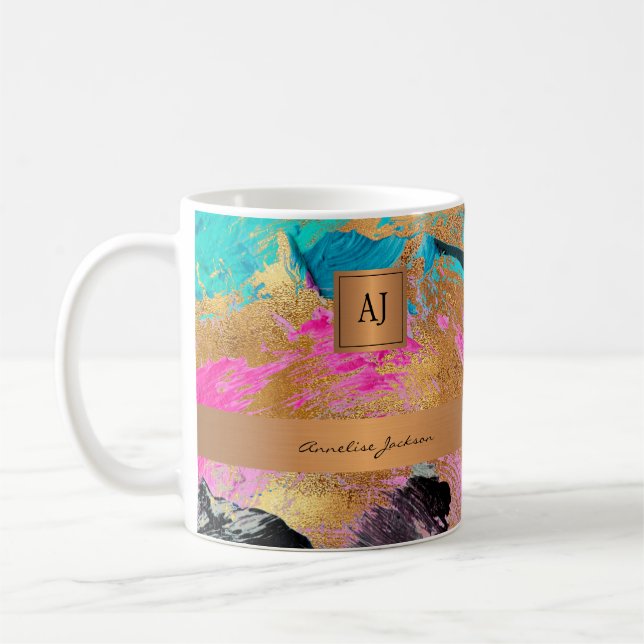 Taza De Café Moderno monogramado oro elegante trazos abstractos (Izquierda)