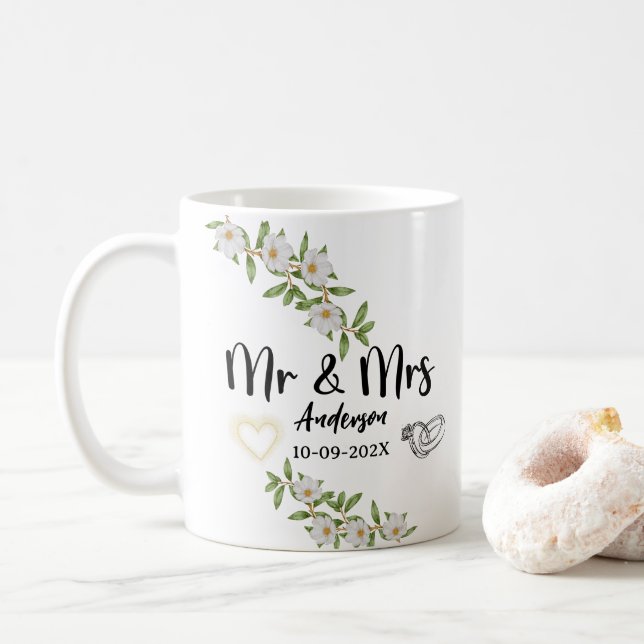 Taza De Café Moderno Mr. & Mr. White and Green Floral Watercolo (Con donut)