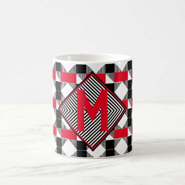 Taza De Café moderno rojo y negro geométrico Monograma inicial (Centro)
