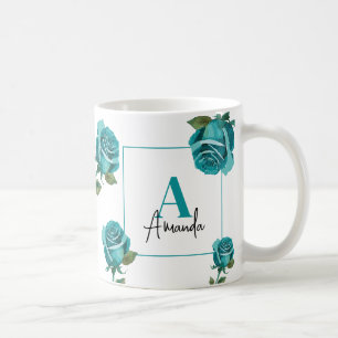 Taza De Café Moderno Rosa Verde azulado Monograma Personalizado