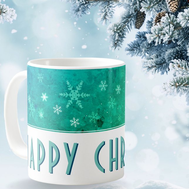 Taza De Café Moderno Snowflake Blue Green Navidades felices (Subido por el creador)