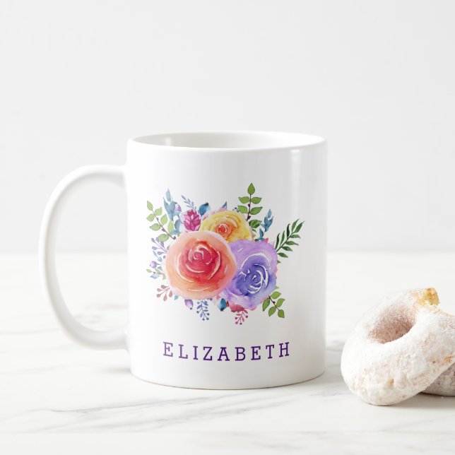Taza De Café Modernos Rosas de acuarela Bouquet floral (Con donut)