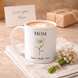 Taza De Café Mom April Birth Flower with Kids Names