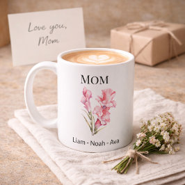 Taza De Café Mom August Birth Flower with Kids Names