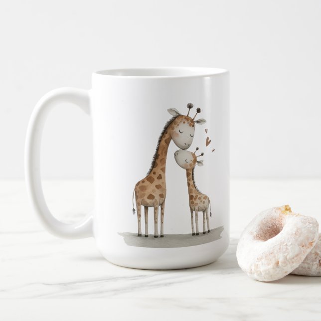 Taza De Café Mom & Baby Giraffe Cute Illustration (Con donut)