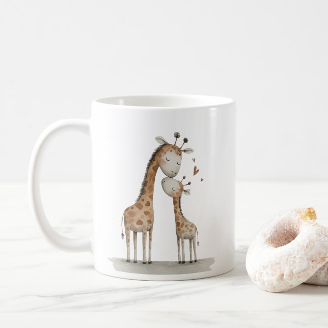 Taza De Café Mom & Baby Giraffe Cute Illustration (Con donut)