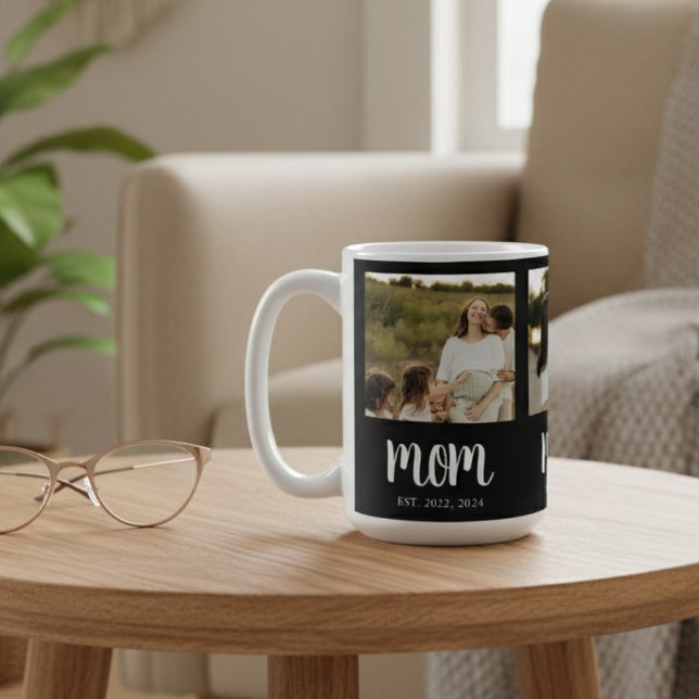 Taza De Café Mom Established Script Black 3 Photo (modern black and white mom established coffee mug with 3 photos and date for mothers day christmas)