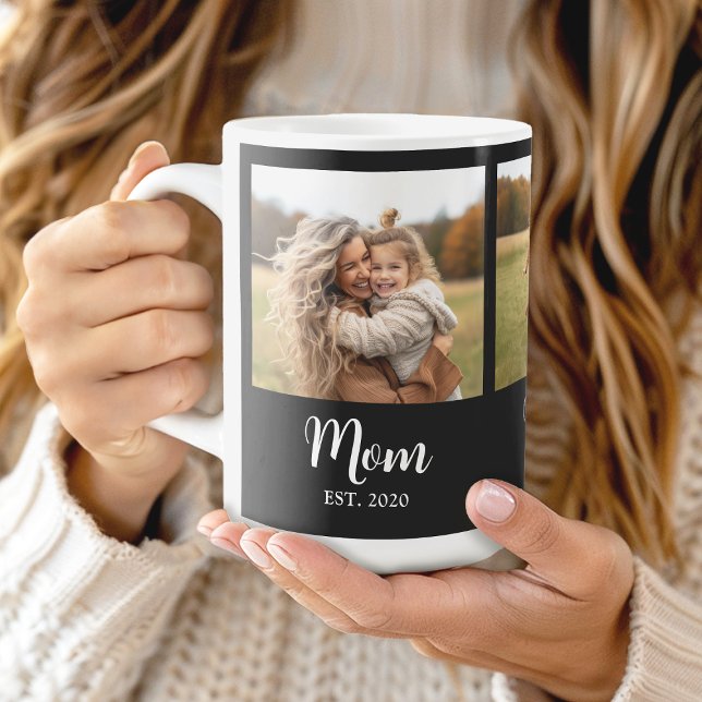 Taza De Café Mom Established Script Black and White 3 Photo (Mom established 3 photo personalized mug gift)