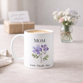 Taza De Café Mom February Birth Flower with Kids Names