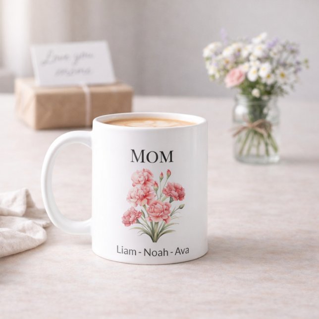 Taza De Café Mom January Birth Flower with Kids Names (Subido por el creador)