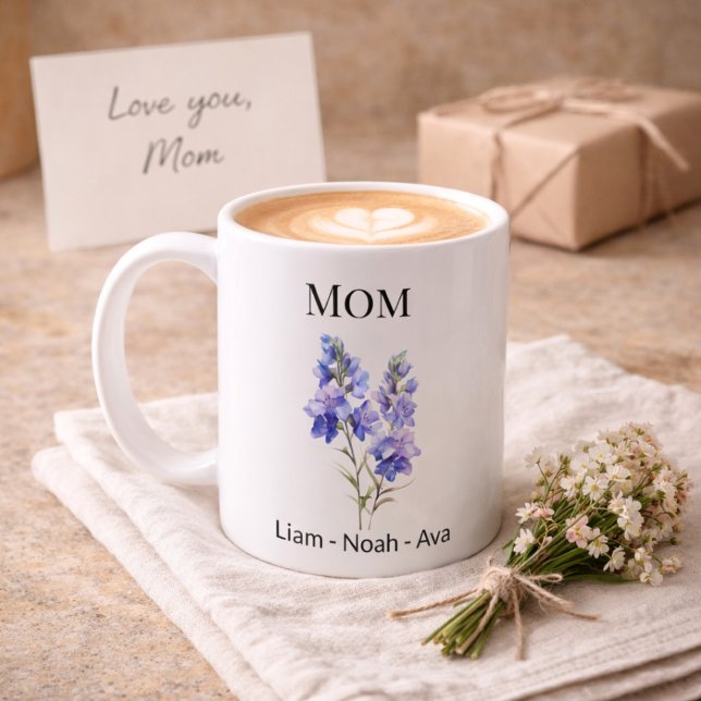 Taza De Café Mom July Birth Flower with Kids Names (Subido por el creador)