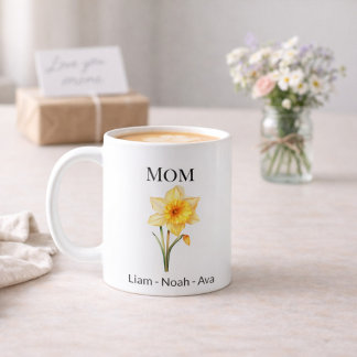 Taza De Café Mom March Birth Flower with Kids Names