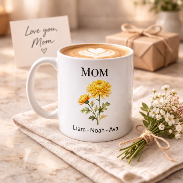 Taza De Café Mom November Birth Flower with Kids Names (Subido por el creador)