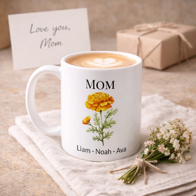 Taza De Café Mom October Birth Flower with Kids Names (Subido por el creador)