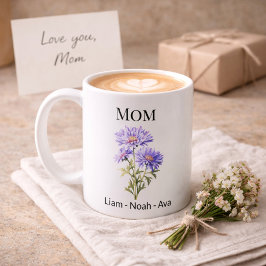 Taza De Café Mom September Birth Flower with Kids Names