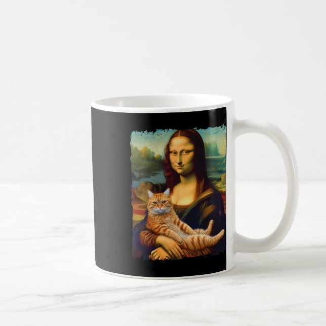 Taza De Café Mona Lisa sosteniendo un retrato de gato pintando  (Derecha)