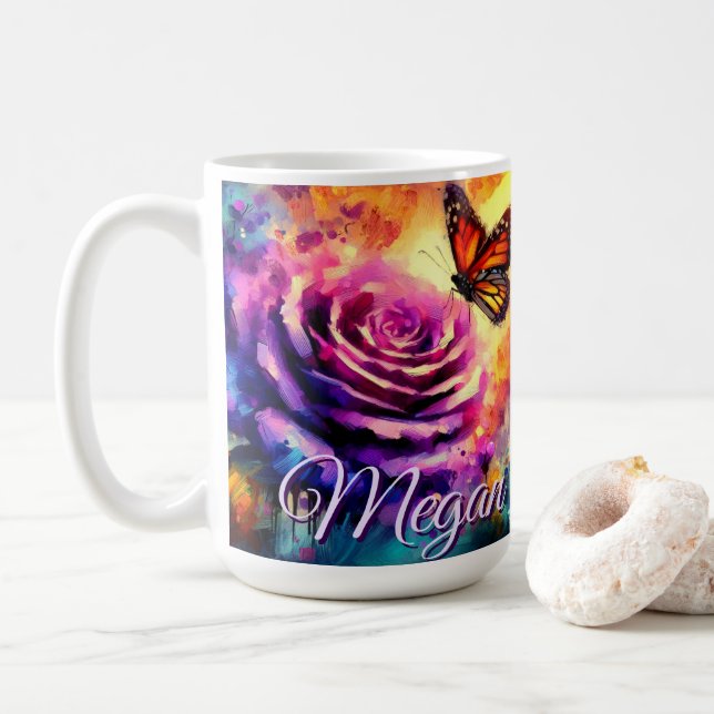 Taza De Café Monarch Butterfly on Rose at Sunset Personalized (Con donut)