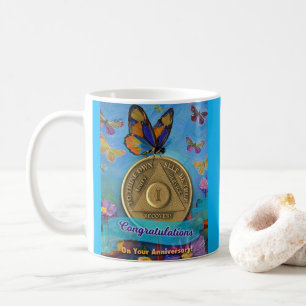 Taza De Café Moneda de 1 año AA Felicitaciones Mariposas