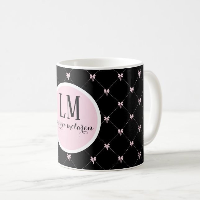 Taza De Café Monogram Black & Pink Bow Script (Anverso derecho)