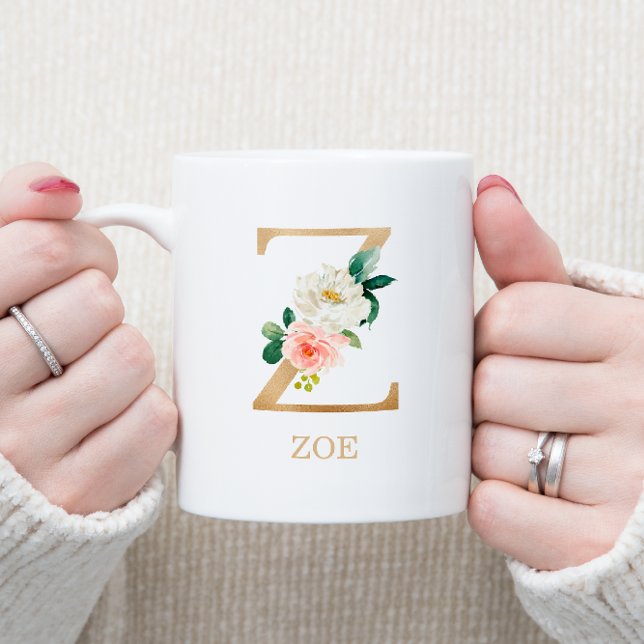 Taza De Café Monogram Gold Letter Z | Floral Pink White Green (Subido por el creador)
