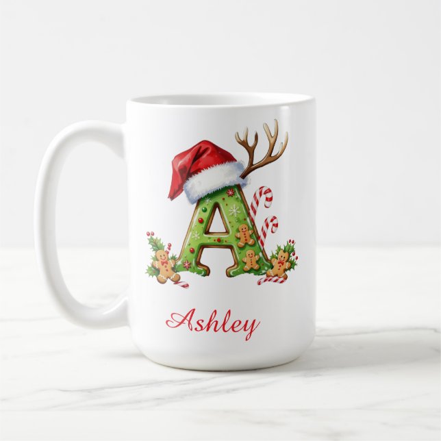 Taza De Café Monogram initial A Santa merry Christmas  (Izquierda)