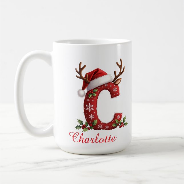 Taza De Café Monogram initial c snowflakes merry Christmas  (Izquierda)