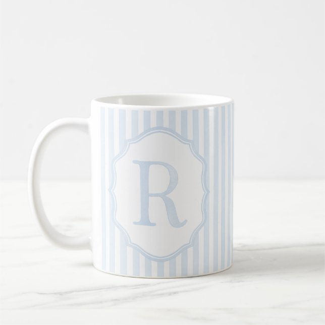 Taza De Café Monogram Mug Letter R, Blue Striped (Izquierda)