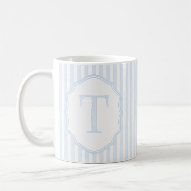 Taza De Café Monogram Mug Letter T, Blue Striped (Izquierda)