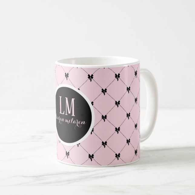 Taza De Café Monogram Pink & Black Bow Script Mug (Anverso derecho)