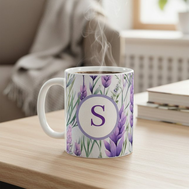 Taza De Café Monogram Purple Lavender Flower Field (Subido por el creador)